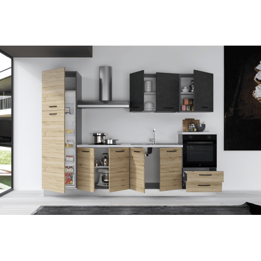 Cozinha com eletrodomésticos GILDA 2.0 300cm direita cinza escuro e madeira