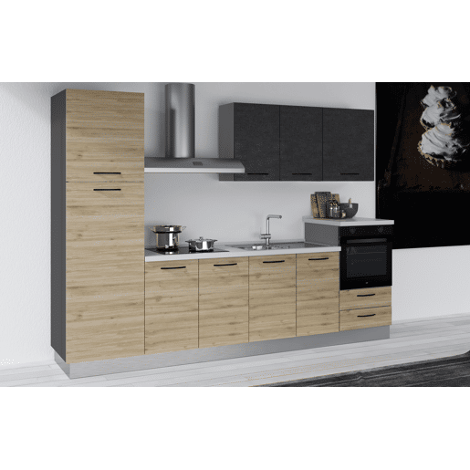 Cozinha com eletrodomésticos GILDA 2.0 300cm direita cinza escuro e madeira