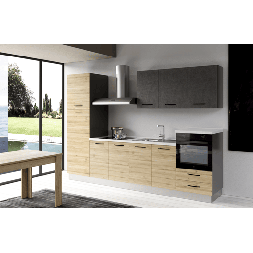 Cozinha com eletrodomésticos GILDA 2.0 300cm direita cinza escuro e madeira