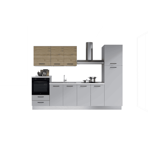 Cozinha com eletrodomésticos GILDA 2.0 300cm esquerda madeira e cinza claro