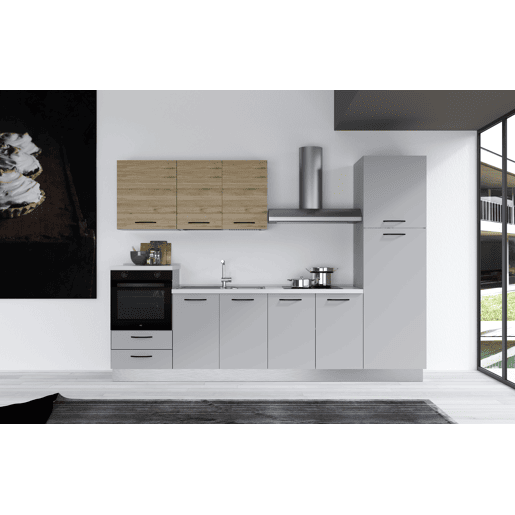 Cozinha com eletrodomésticos GILDA 2.0 300cm esquerda madeira e cinza claro