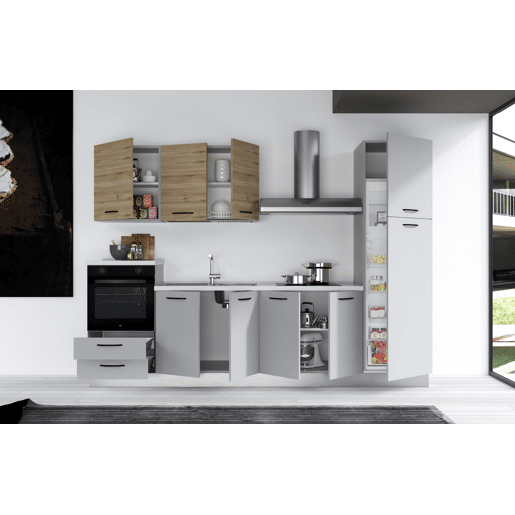 Cozinha com eletrodomésticos GILDA 2.0 300cm esquerda madeira e cinza claro