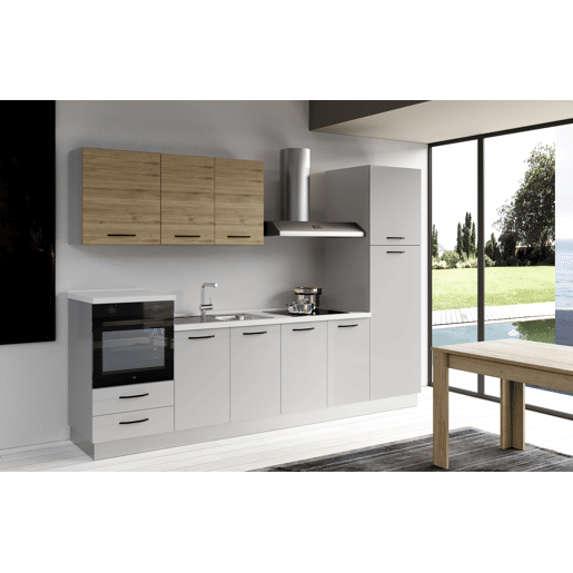 Cozinha com eletrodomésticos GILDA 2.0 300cm esquerda madeira e cinza claro