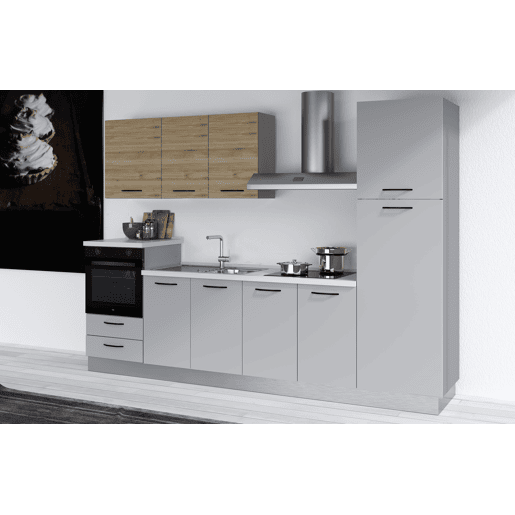 Cozinha com eletrodomésticos GILDA 2.0 300cm esquerda madeira e cinza claro