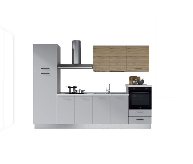 Cocina con electrodomésticos gilda 2.0 300cm derecha madera y gris claro