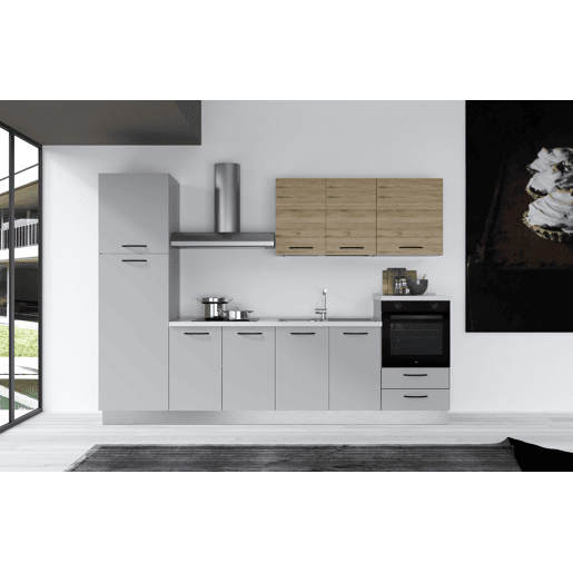 Cozinha com eletrodomésticos GILDA 2.0 300cm direita madeira e cinza claro