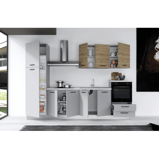 Cozinha com eletrodomésticos GILDA 2.0 300cm direita madeira e cinza claro
