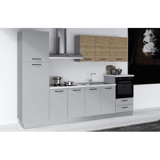 Cozinha com eletrodomésticos GILDA 2.0 300cm direita madeira e cinza claro