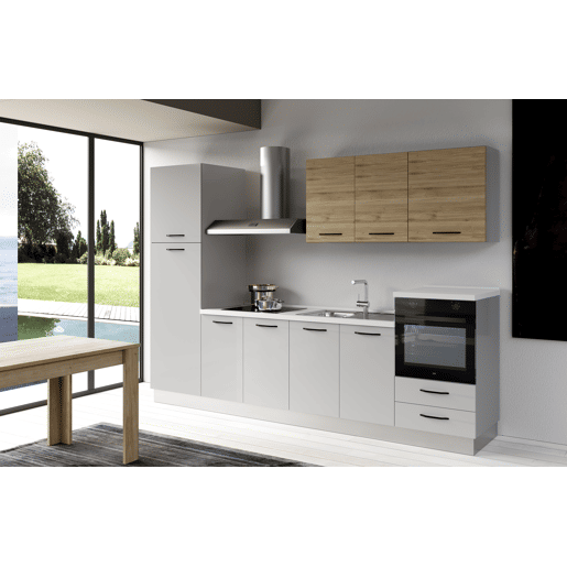 Cozinha com eletrodomésticos GILDA 2.0 300cm direita madeira e cinza claro
