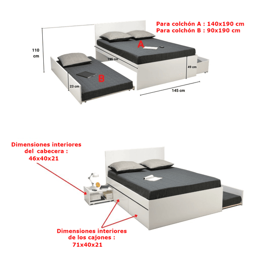 Cama nido branca ALPHA 140x190cm 2 gavetas 1 gaveta