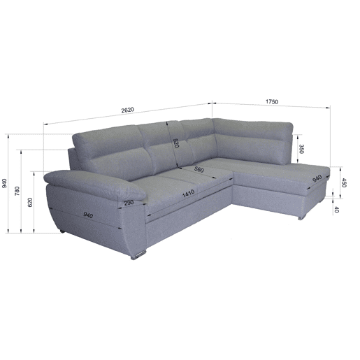 Sofá de canto KENDAL com cama e arca dereita 4 lugares cinza