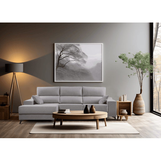 Chaise longue XL com arca NOELIA esquerda 4 lugares cinza claro