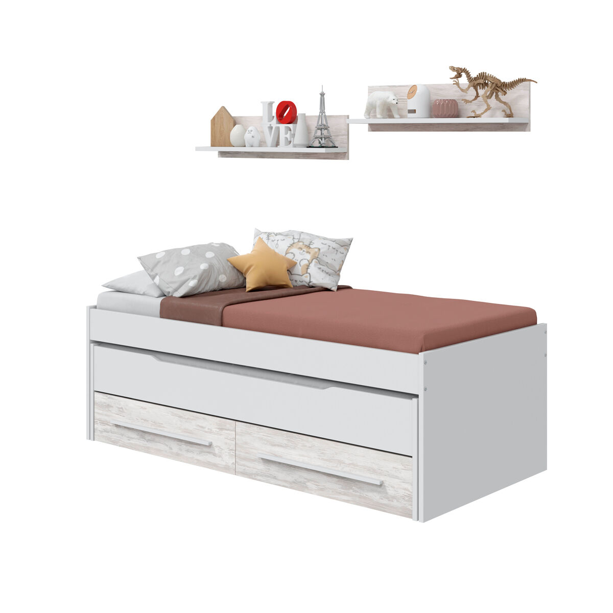 Cama juvenil doble duo con 2 cajones y 2 estanterias