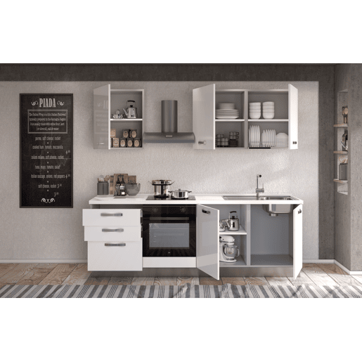Cozinha com eletrodomésticos GILDA ICE 240cm direita branco brilhante