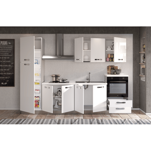 Cozinha com eletrodomésticos GILDA ICE 300cm direita branco brilhante