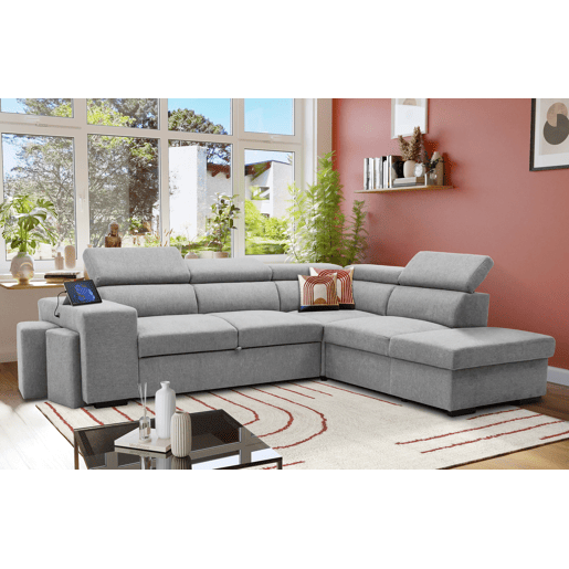 Sofá de canto com cama HOLMES reversível 4 lugares cinza claro