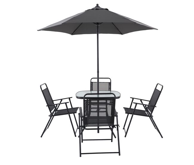 Set de jardín roma con mesa, 4 sillas y parasol color gris