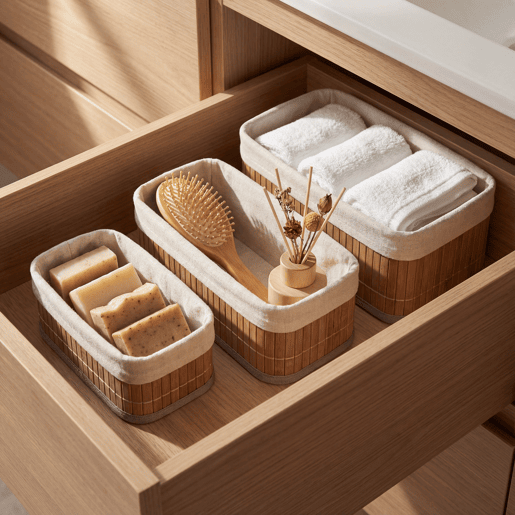 Conjunto de 3 cestos em bambu MAR 33x23x12cm cinzento e branco Conjunto de 3 cestos em bambu MAR 33x23x12cm cinzento e branco