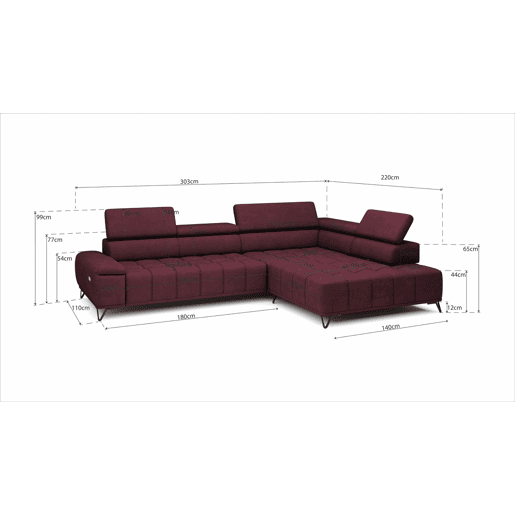 Sofá de canto relax elétrico PALLADIO dereita 5 lugares vermelho
