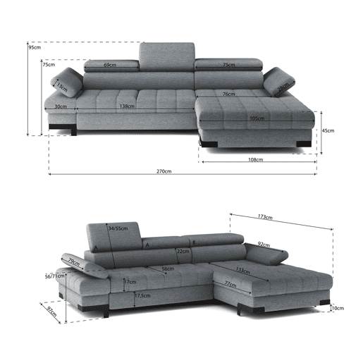 Chaise longue com cama SELVA esquerda 4 lugares cinza Chaise longue com cama SELVA esquerda 4 lugares cinza