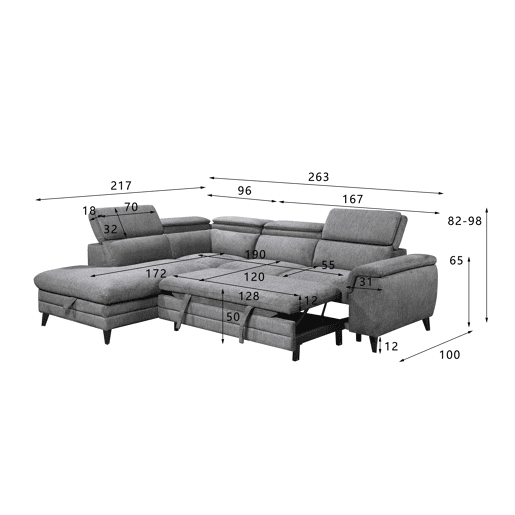 Sofá de canto com cama e arca LEYRE esquerda 4 lugares cinza Sofá de canto com cama e arca LEYRE esquerda 4 lugares cinza