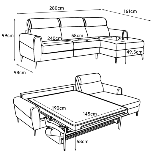 Chaise longue com cama ELIA dereita 4 lugares cinza