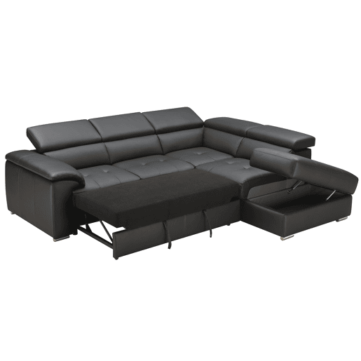 Sofá de canto com cama MAYA em pele dereita 4 lugares preto
