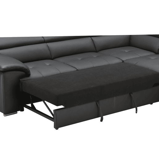 Sofá de canto com cama MAYA em pele dereita 4 lugares preto