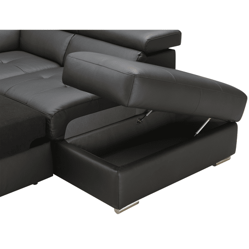 Sofá de canto com cama MAYA em pele dereita 4 lugares preto