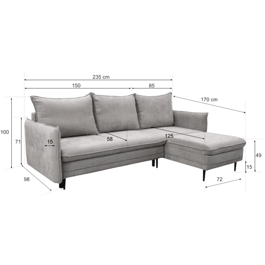 Chaise longue com cama RUDY reversível 3 lugares cinza claro