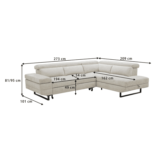 Sofá de canto com cama SWAN dereita 4 lugares cinza claro