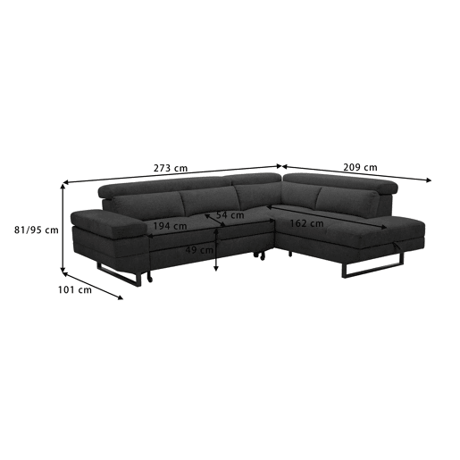 Sofá de canto com cama SWAN dereita 4 lugares cinza escuro