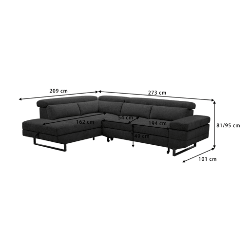Sofá de canto com cama SWAN esquerda 4 lugares cinza escuro