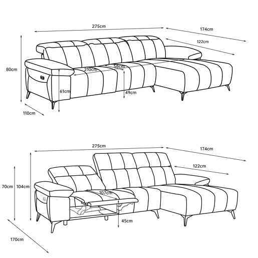 Chaise longue relax elétrico ANDY dereita 4 lugares cinza claro