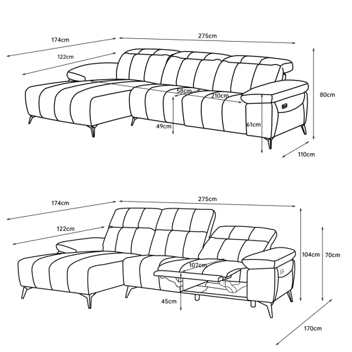 Chaise longue relax elétrico ANDY esquerda 4 lugares cinza claro