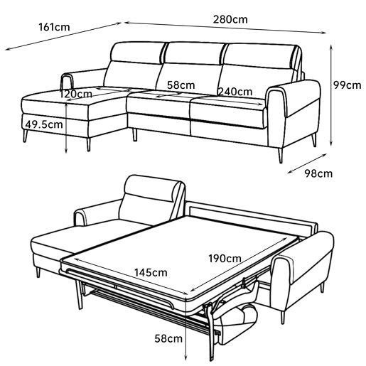 Chaise longue com cama ELIA esquerda 4 lugares cinza Chaise longue com cama ELIA esquerda 4 lugares cinza