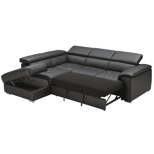Sofá de canto com cama MAYA em pele esquerda 4 lugares preto