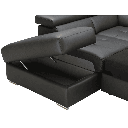 Sofá de canto com cama MAYA em pele esquerda 4 lugares preto