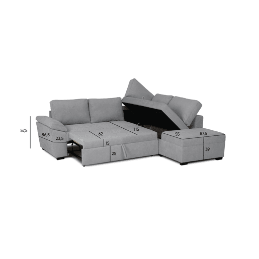 Sofá de canto reversível com cama HURLEY cor cinza claro