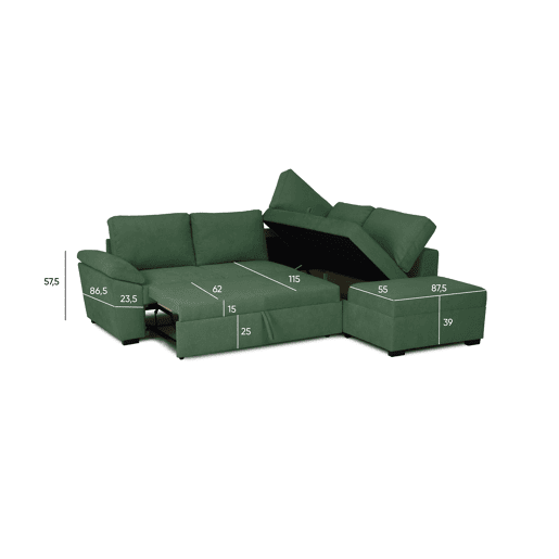 Sofá de canto reversível com cama HURLEY cor verde Sofá de canto reversível com cama HURLEY cor verde