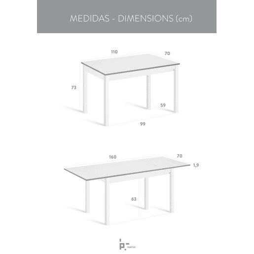 Mesa de cozinha extensível B-EXTENS 110160x70cm branca e cinza