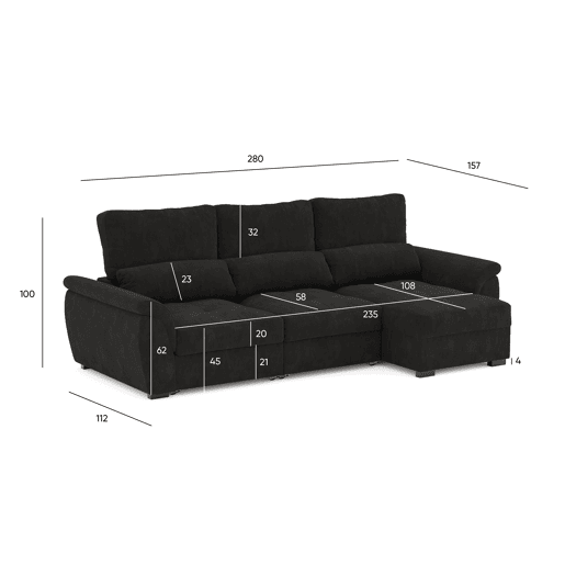 Chaise longue de 4 lugares reversível em cama BENSON cinza escuro