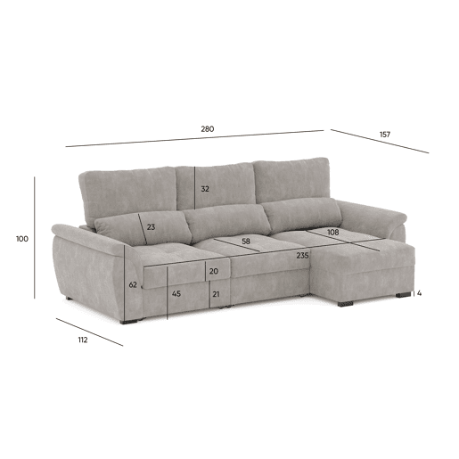 Chaise longue de 4 lugares reversível em cama BENSON cinza claro