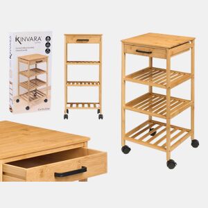 Carrinho em bambu com rodas 3 prateleiras e gaveta 73x33x33cm