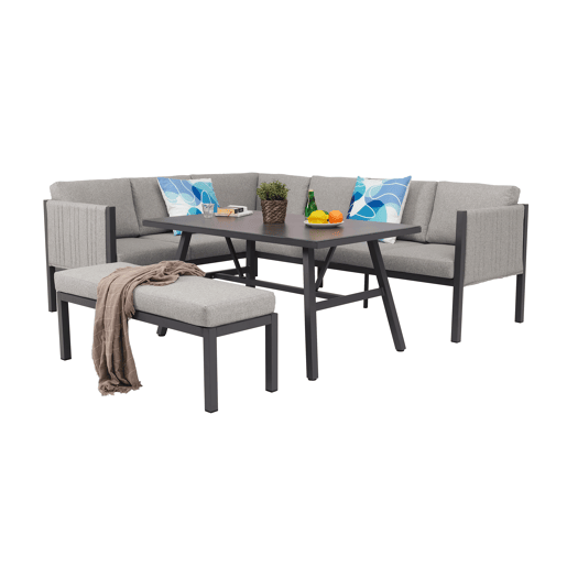 Conjunto sofá de canto para jardim CAMARGO com mesa alta e banco