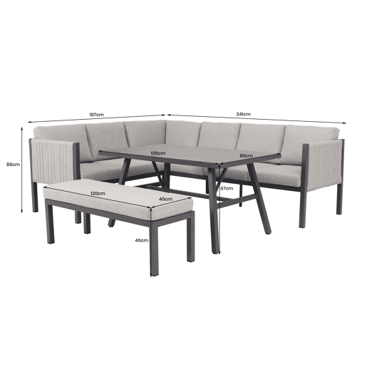 Conjunto sofá de canto para jardim CAMARGO com mesa alta e banco