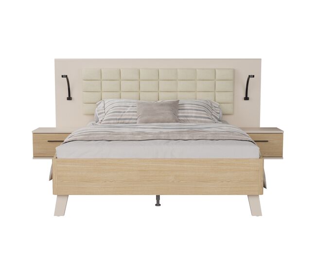 Conjunto cama toscana 150x190cm cabecero y mesitas roble y crema - conforama