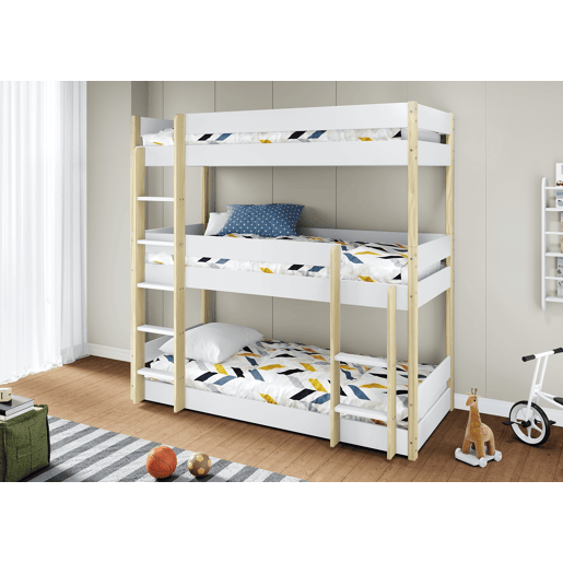 Beliche triplo ENZO 90cm branco e madeira natural Beliche triplo ENZO 90cm branco e madeira natural