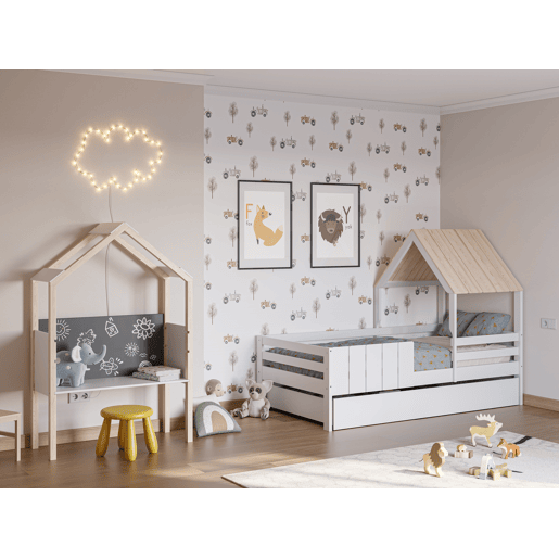 Cama tipo cabana ANGELA 90cm branca lacada e madeira natural