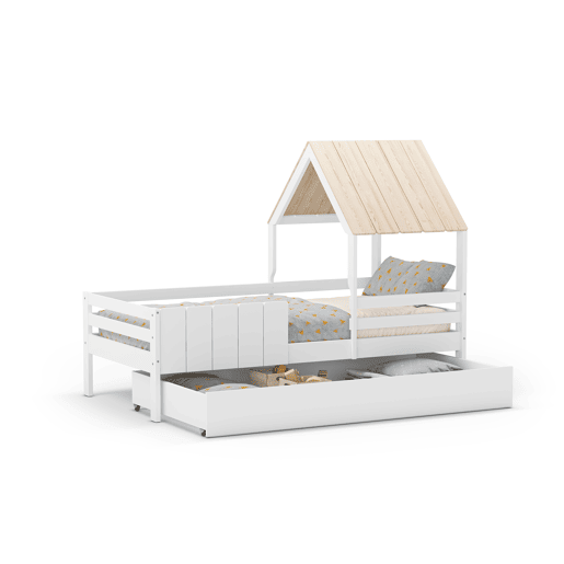 Cama tipo cabana ANGELA 90cm branca lacada e madeira natural